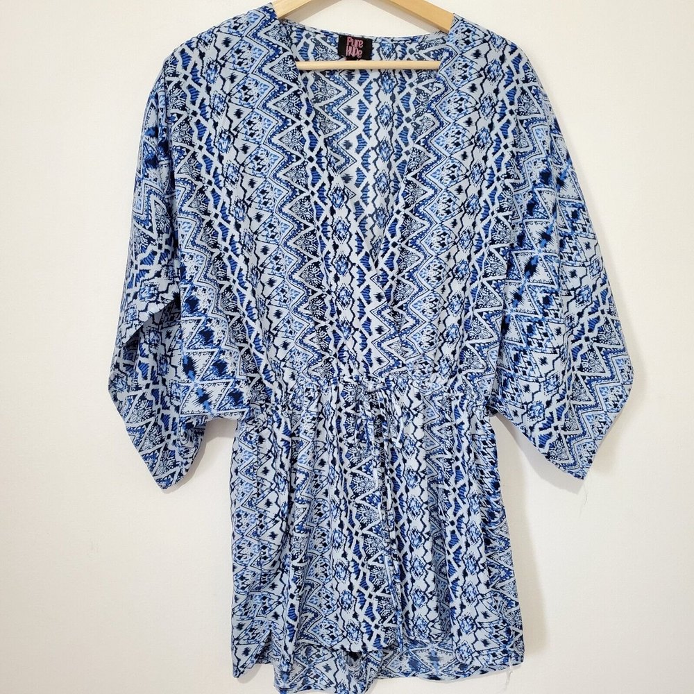 Pure Hype Cover-Up Romper Size L Blue Drawstring Swim Short Sleeve Summer Swim